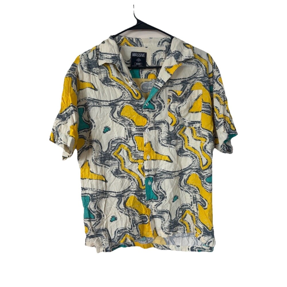 Super Massive Shirt Mens M Yellow And Blue  Graphic Short Sleeve Button-Up